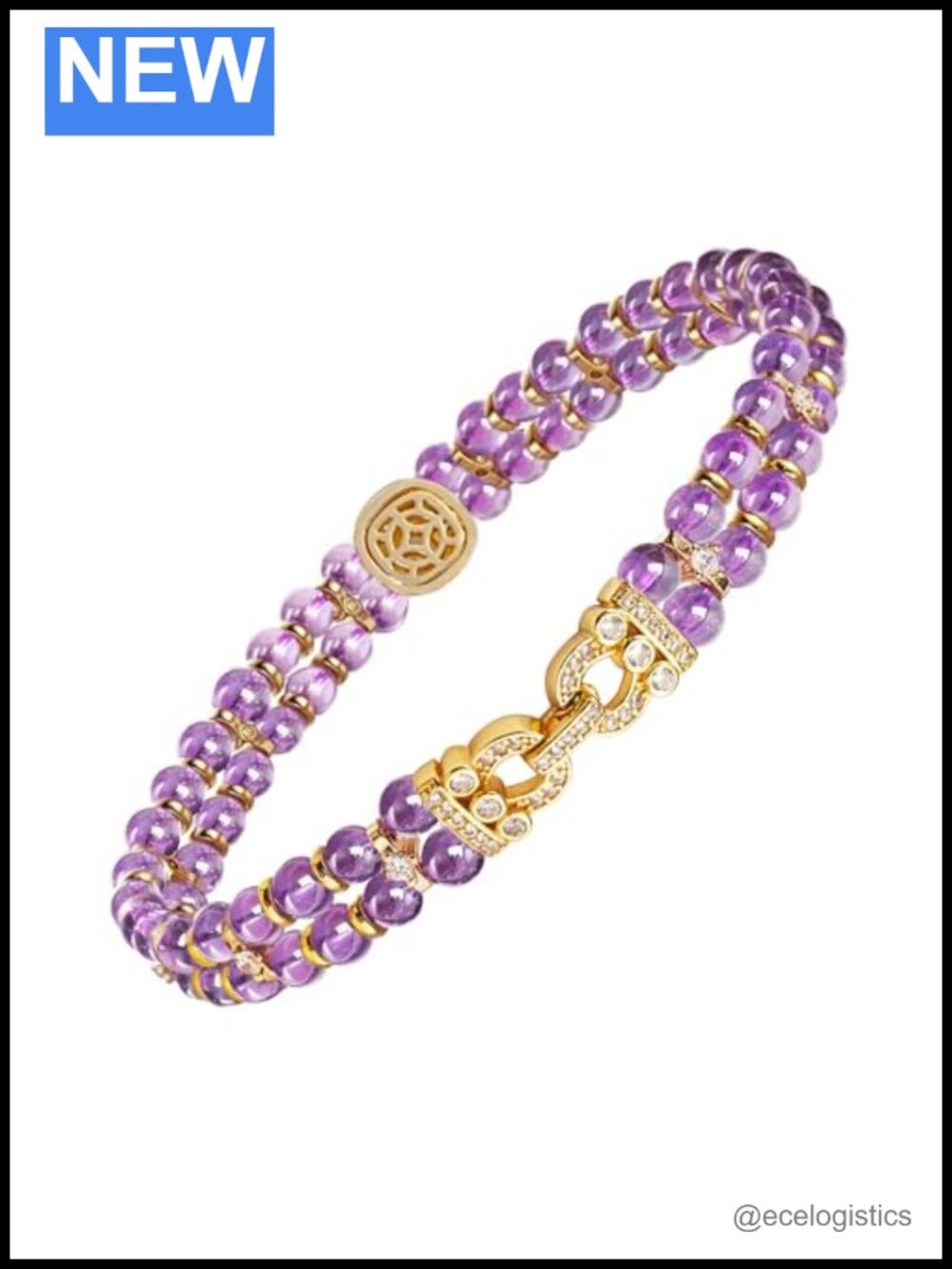18K Gold Plated Amethyst Tennis Bracelet Double Row CZ Beaded 7.5 Inch